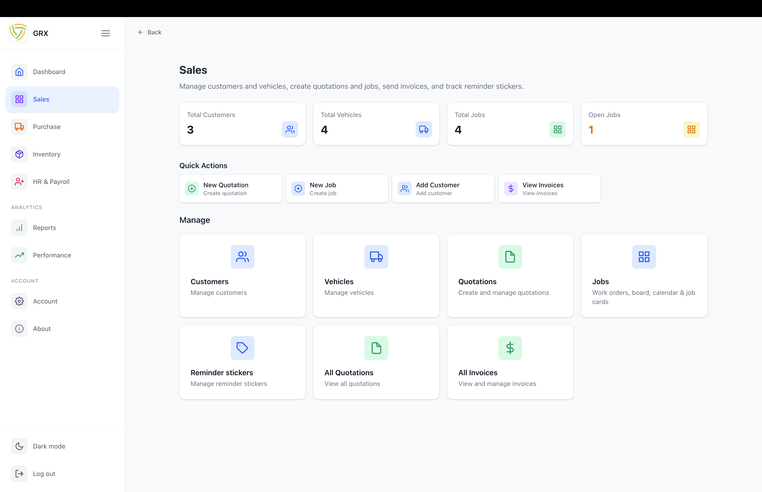 GRX Sales module — manage customers, vehicles, quotations, jobs, and invoices in a clean professional interface