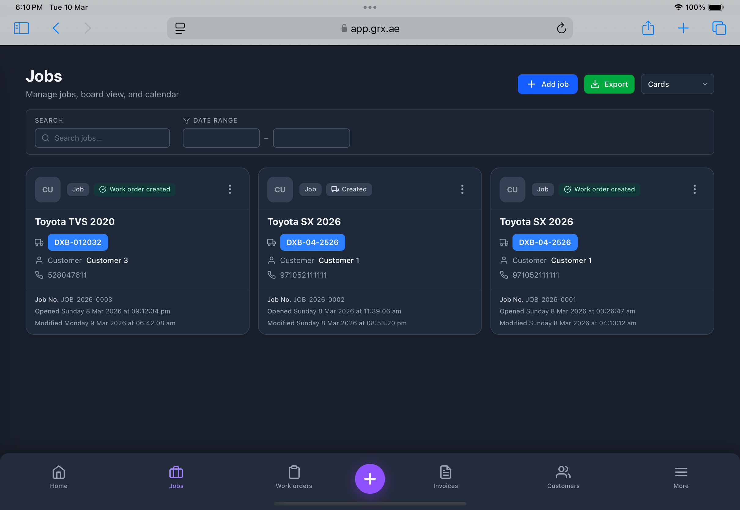 GRX jobs board — columns, cards and filters