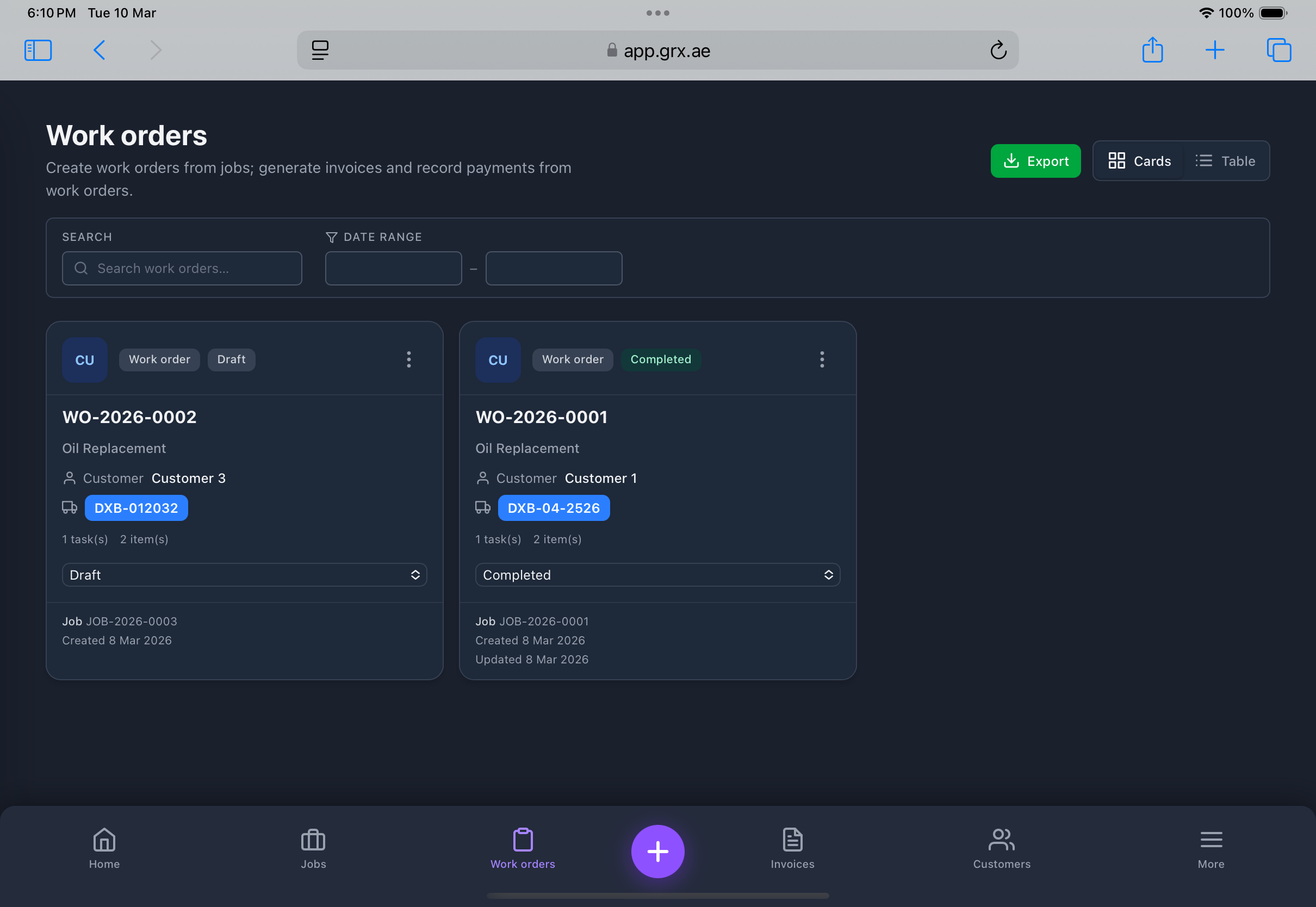 GRX work orders — jobs, invoices and payments