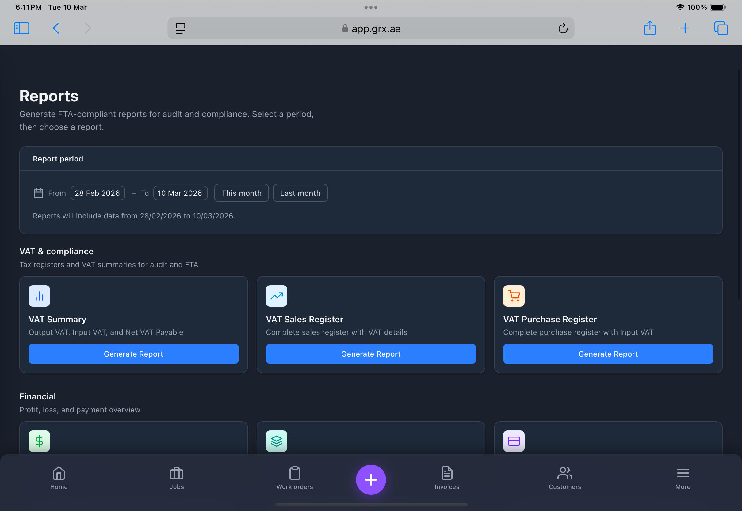 GRX Reports — VAT summary, sales and purchase registers, FTA-compliant